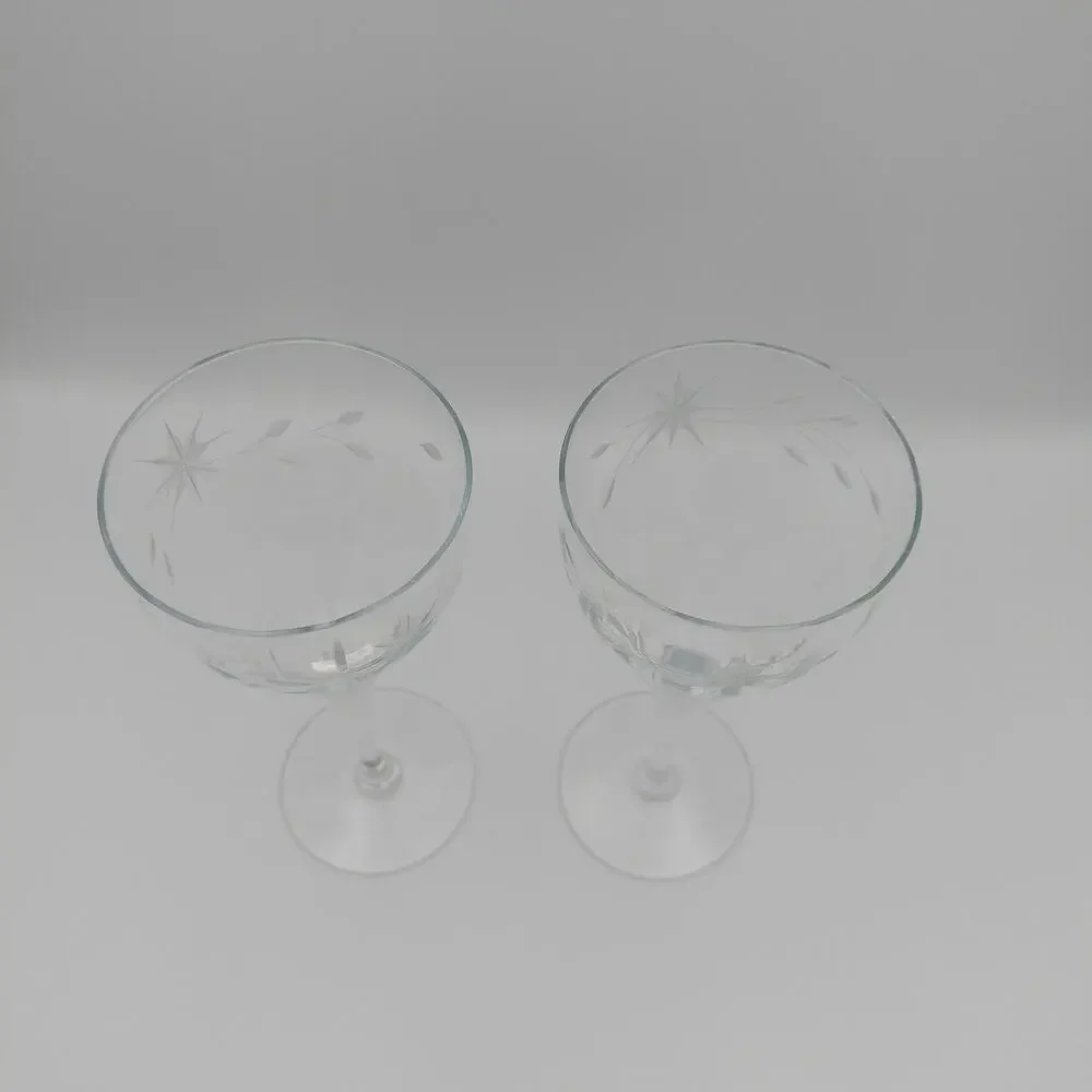 Vintage Etched Glass Wine Goblets Starburst Pattern Set of 2